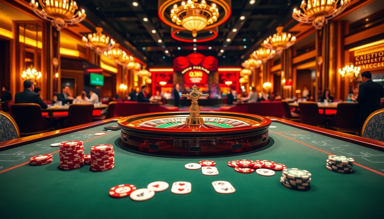 Engaging QH88 casino table scene showcasing thrilling poker action and vibrant decor.