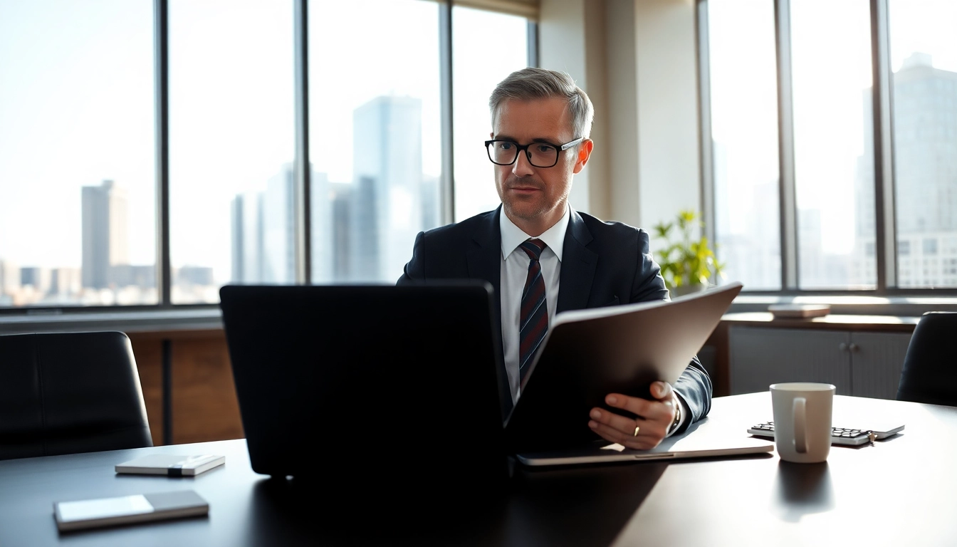 Headhunter conducting a video call in a modern office setting, showcasing professionalism.
