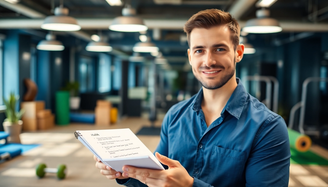 Männergesundheit Tipps in einem modernen Büro mit Fitnessgeräten und einem motivierenden Umfeld.