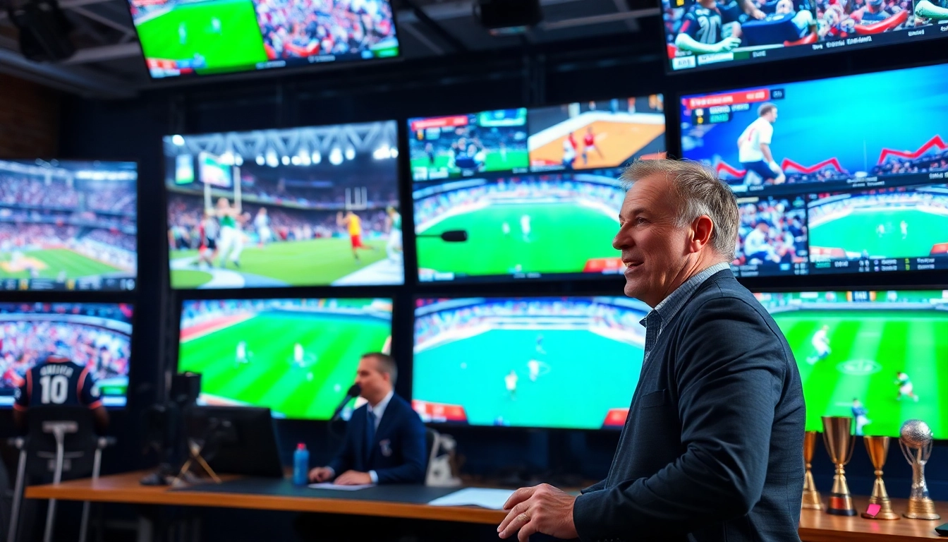 Engaging sports broadcasting studio highlighting lively announcer and dynamic screens.