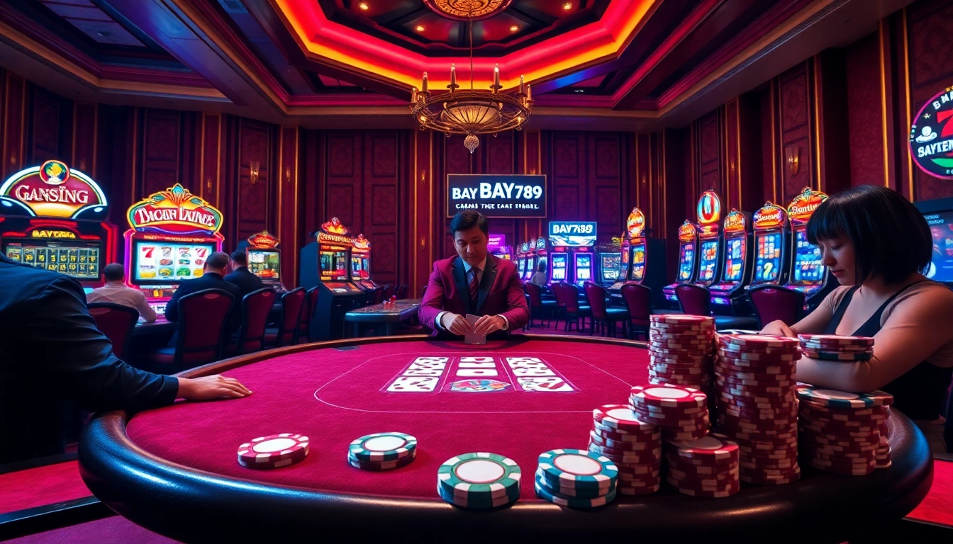 Engaging scene at Bay789 casino table with poker chips and dealer in action.