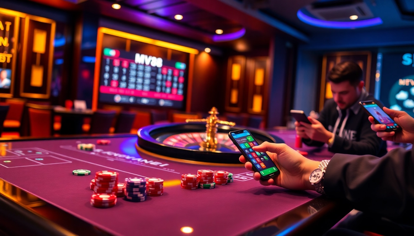 Engaging MV88 online gamblers at a luxurious casino table with colorful chips and roulette wheel.