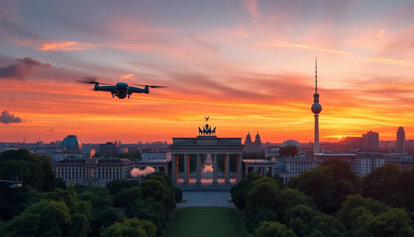 Drohnenfotos Berlin: Aerial view of Berlin's skyline with sunset colors and iconic landmarks.