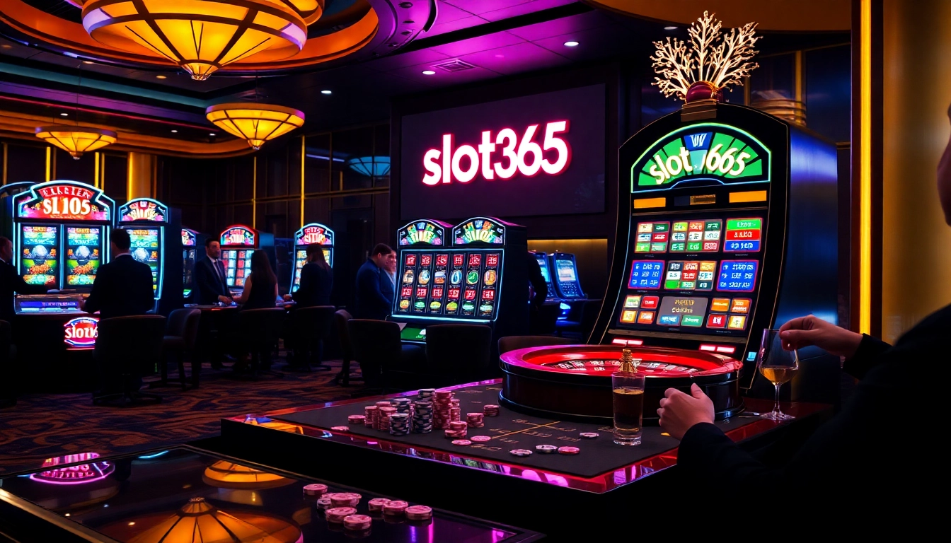 Players enjoying exciting slot365 games at a vibrant casino, with colorful slot machines and gaming tables.