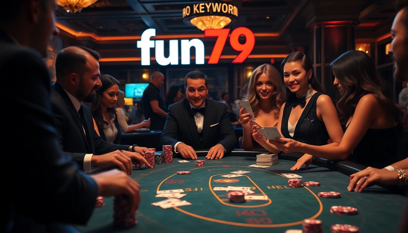 Players at the fun79 blackjack table enjoy a thrilling game surrounded by chips and cards.