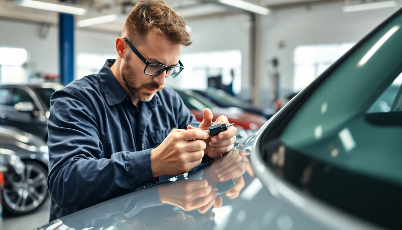 Beulendoktor Bottrop bei der professionellen Dellenreparatur eines Fahrzeugs in einer gut beleuchteten Werkstatt.