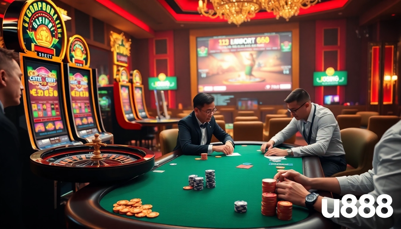 Experience the thrill of online gambling at u888 with vibrant slot machines and a live poker game.