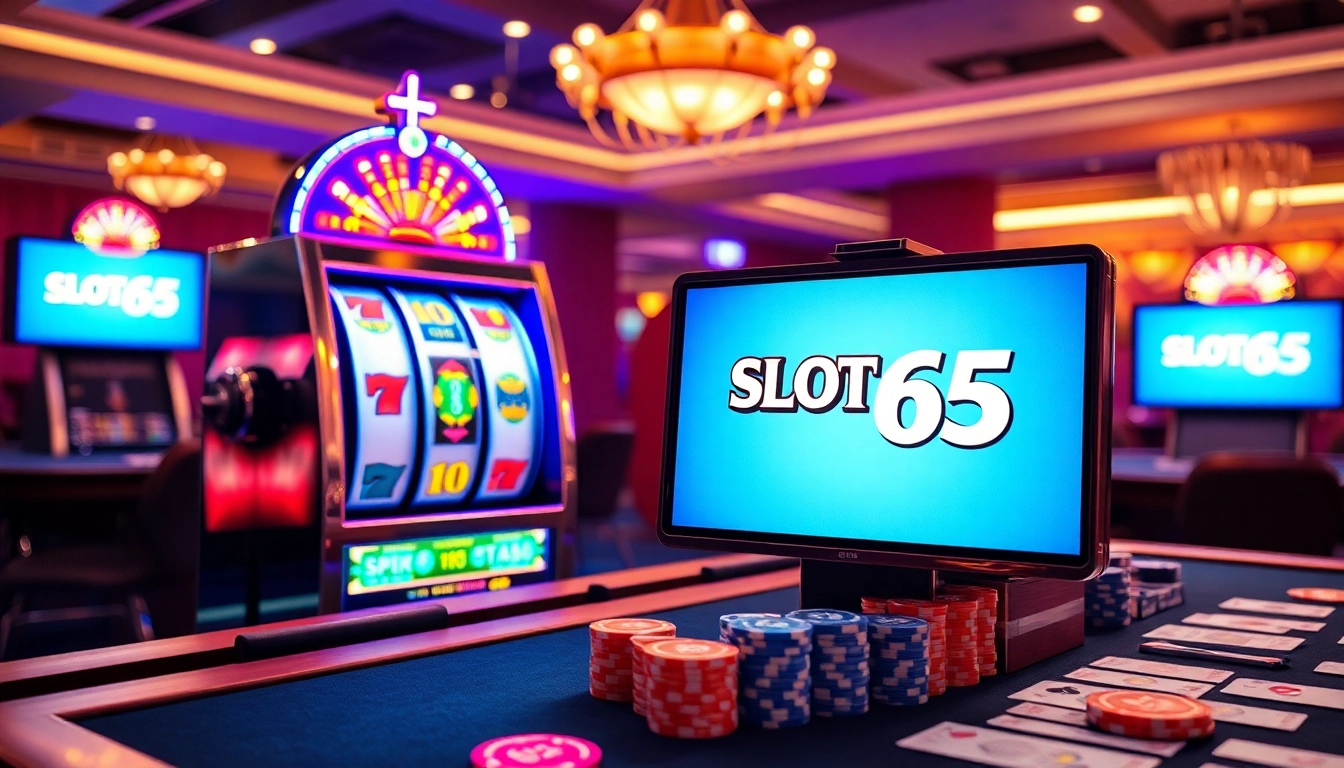 Spin the exciting slot365 machine in a vibrant casino with thrilling reels and professional atmosphere.