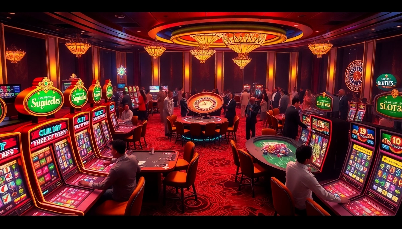 Engaged players enjoying the vibrant slot365 casino experience with colorful machines and prestigious atmosphere.
