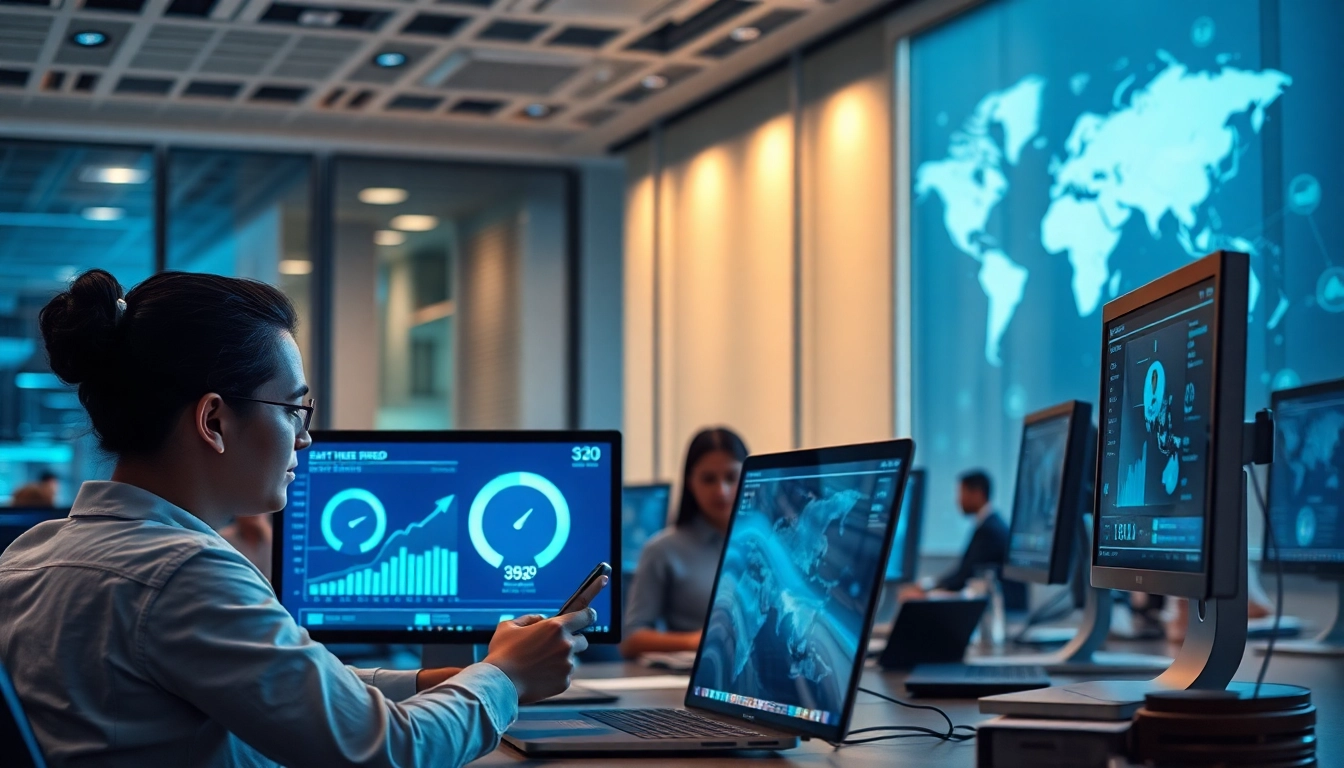 快连官网 services showcased in a modern office with advanced network technology and global connectivity.