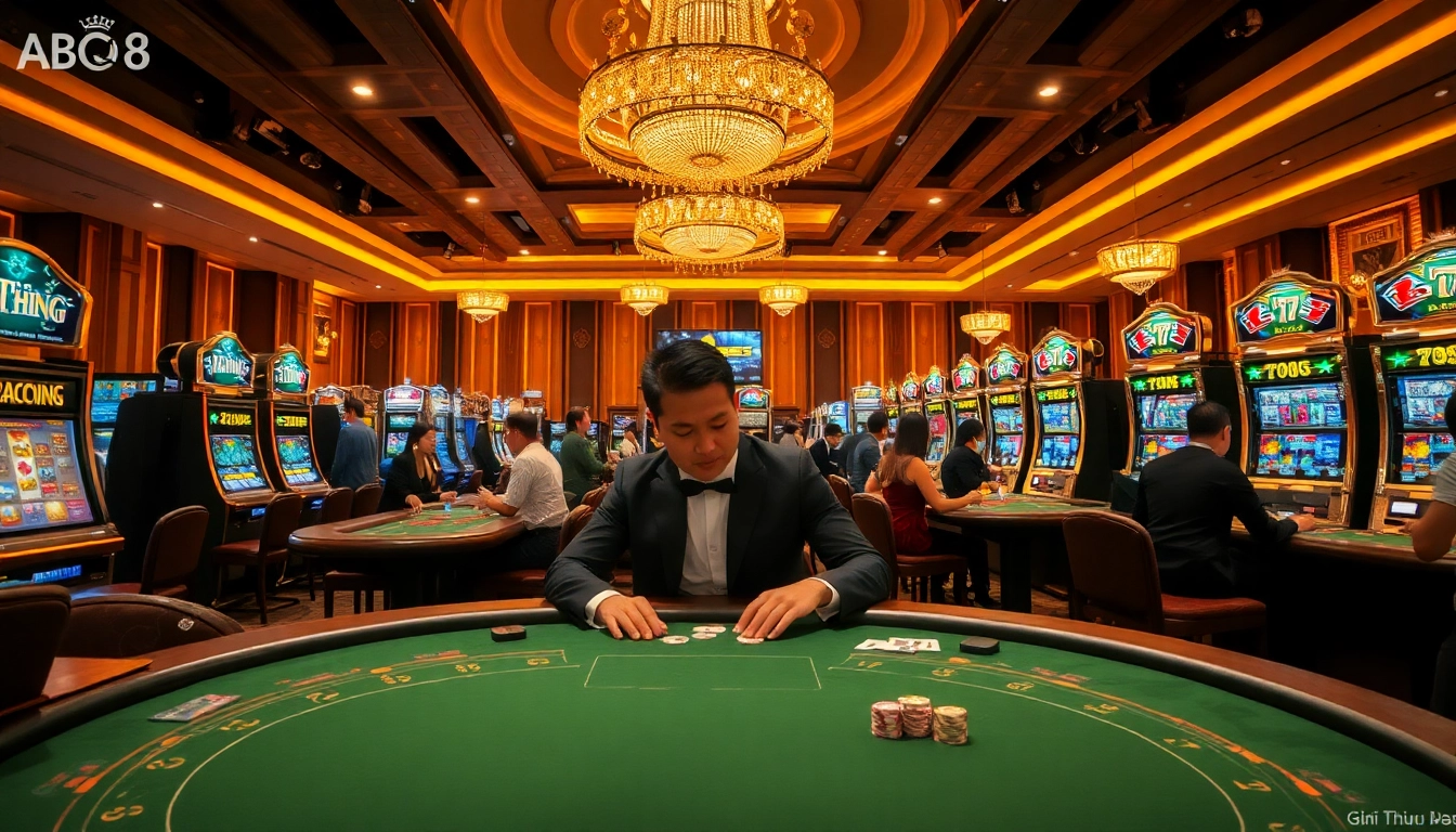 Experience Giới Thiệu ABC8 through a vibrant casino scene with engaging players, exciting games, and elegant decor.