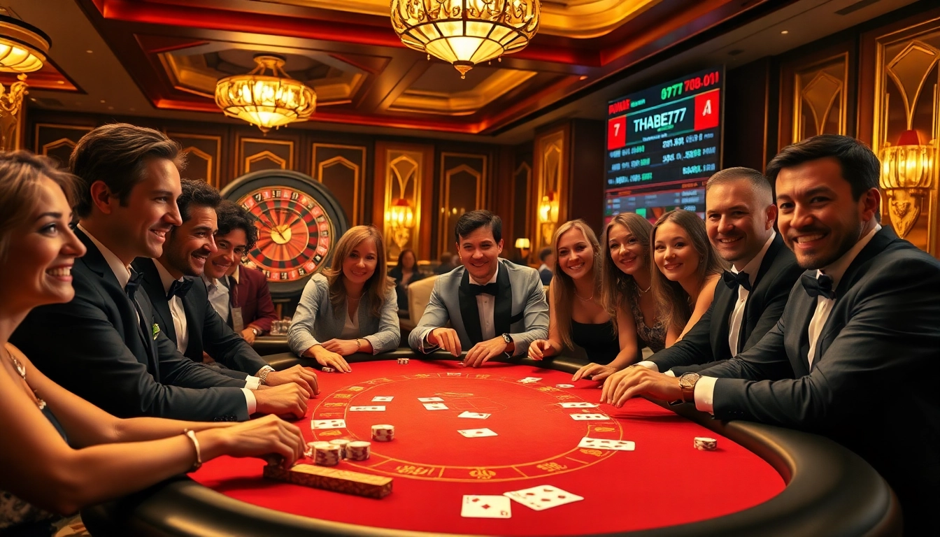 Players engaged in a thrilling poker game at Thabet77 casino, showcasing excitement and luxury.
