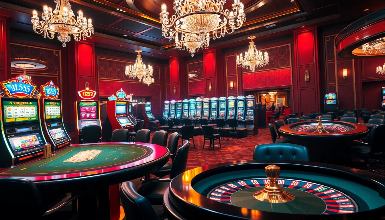 Experience thrilling gameplay at BL555 with vibrant casino elements like poker tables and slot machines.