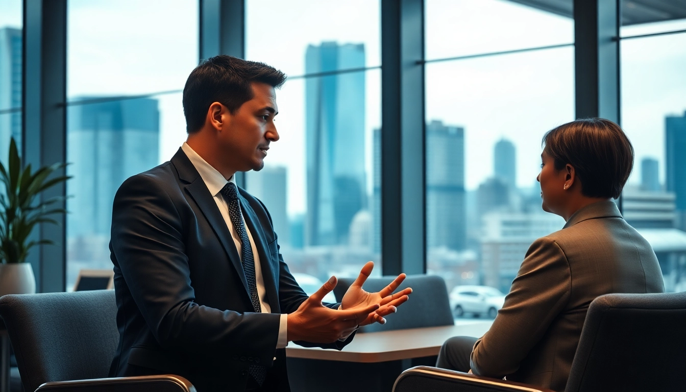 Headhunter Schweiz führt ein Gespräch mit einem Kandidaten in einem modernen Büro.