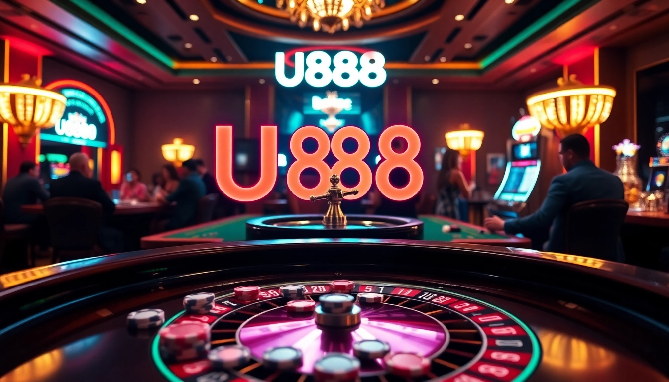 Experience the excitement of U888 with vibrant casino visuals showcasing roulette and poker.