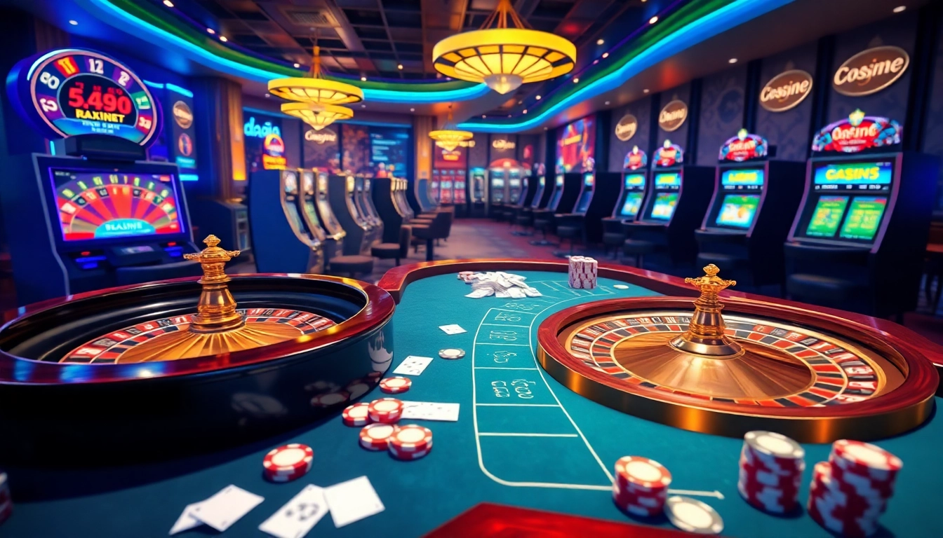 A thrilling gaming scene at DAGA's online casino showcasing a roulette wheel and poker table, inviting players.