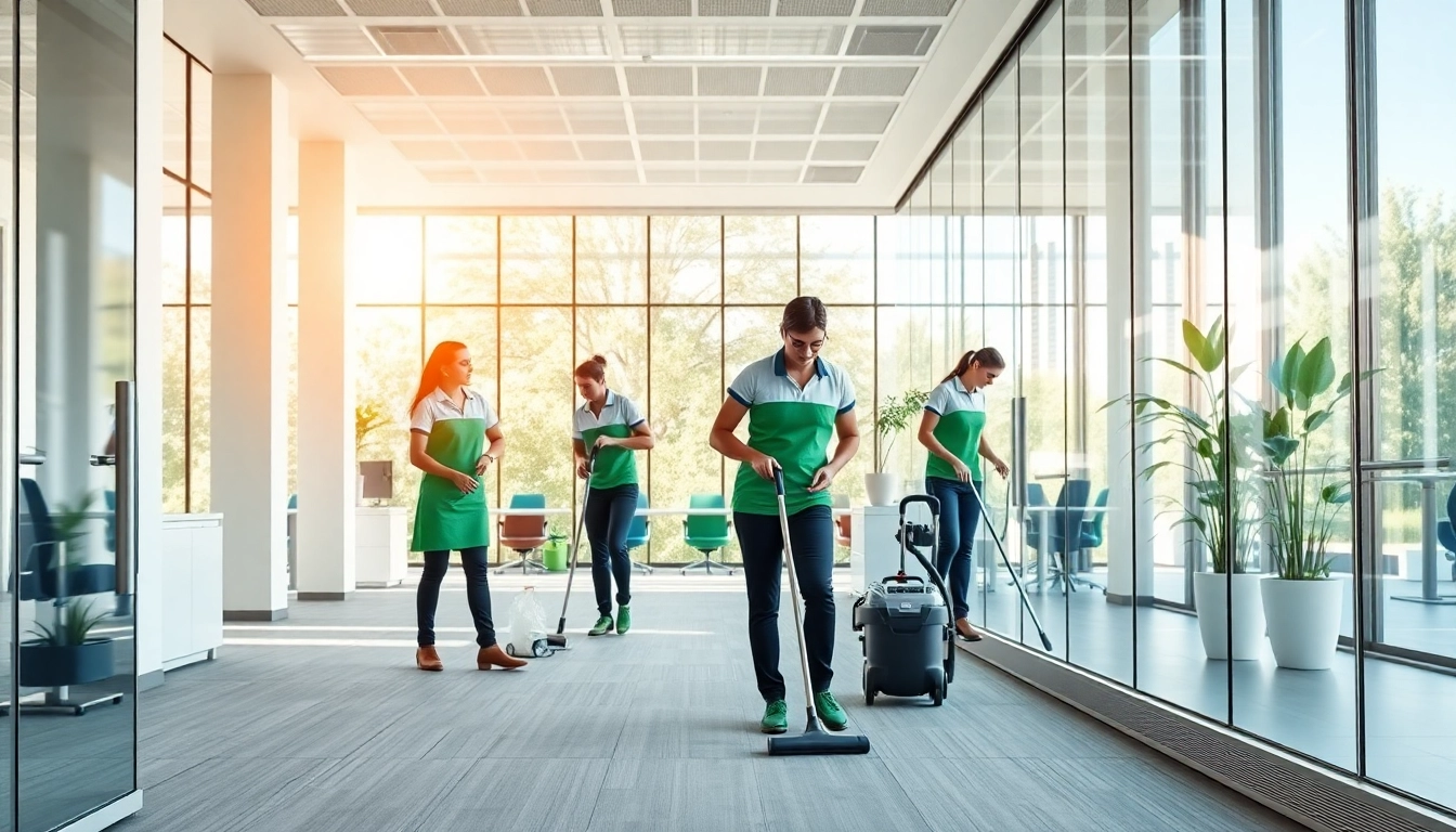 Büroreinigung Berlin in action - cleaners ensuring a hygienic workspace in a modern office environment.