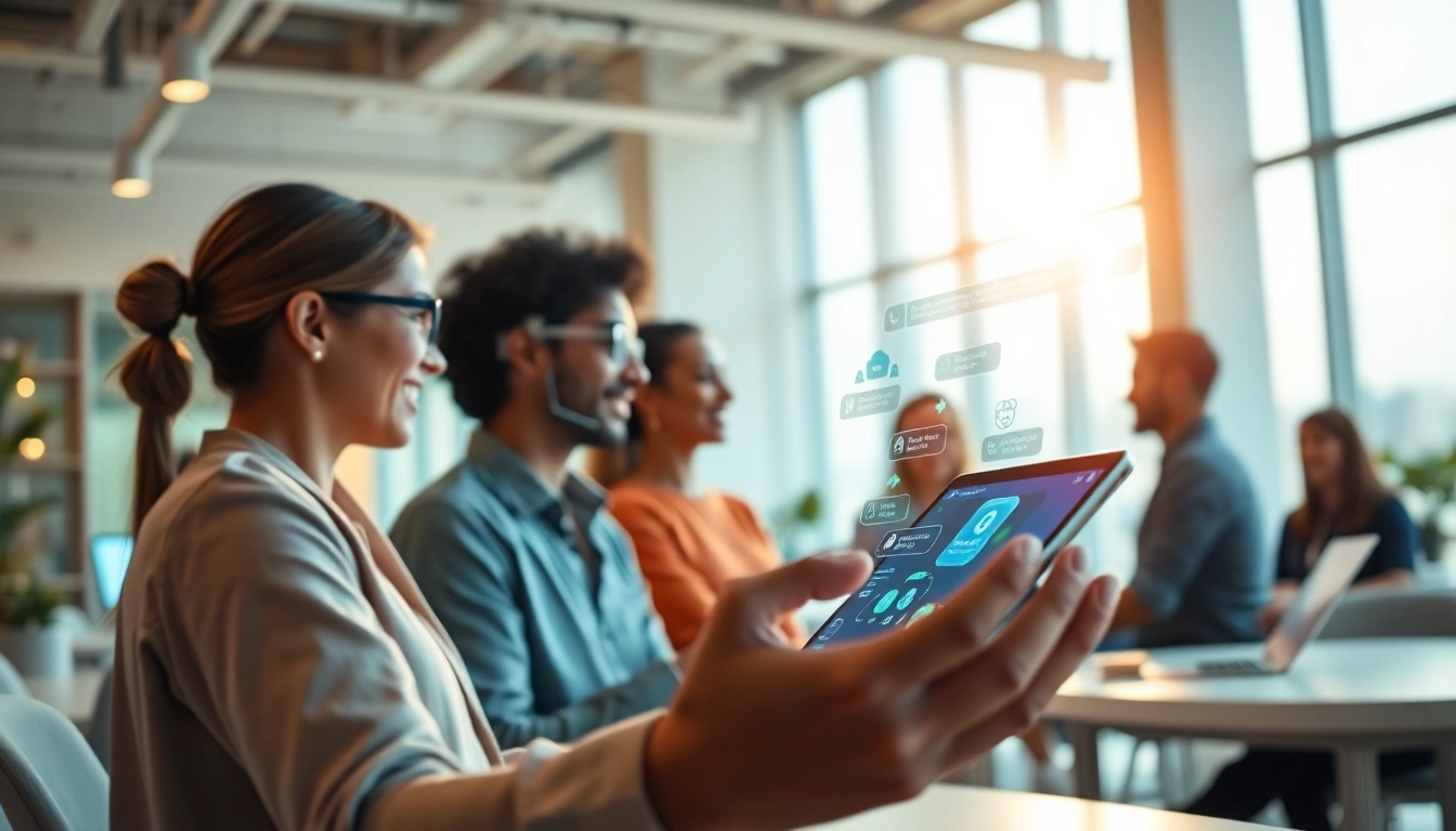 Engaging users conversing with the innovative juicy AI chatbot interface in a modern workspace.