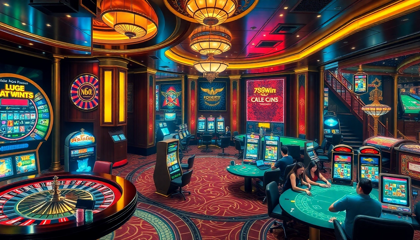 Engage with 789win in a vibrant casino scene featuring roulette, slots, and poker.