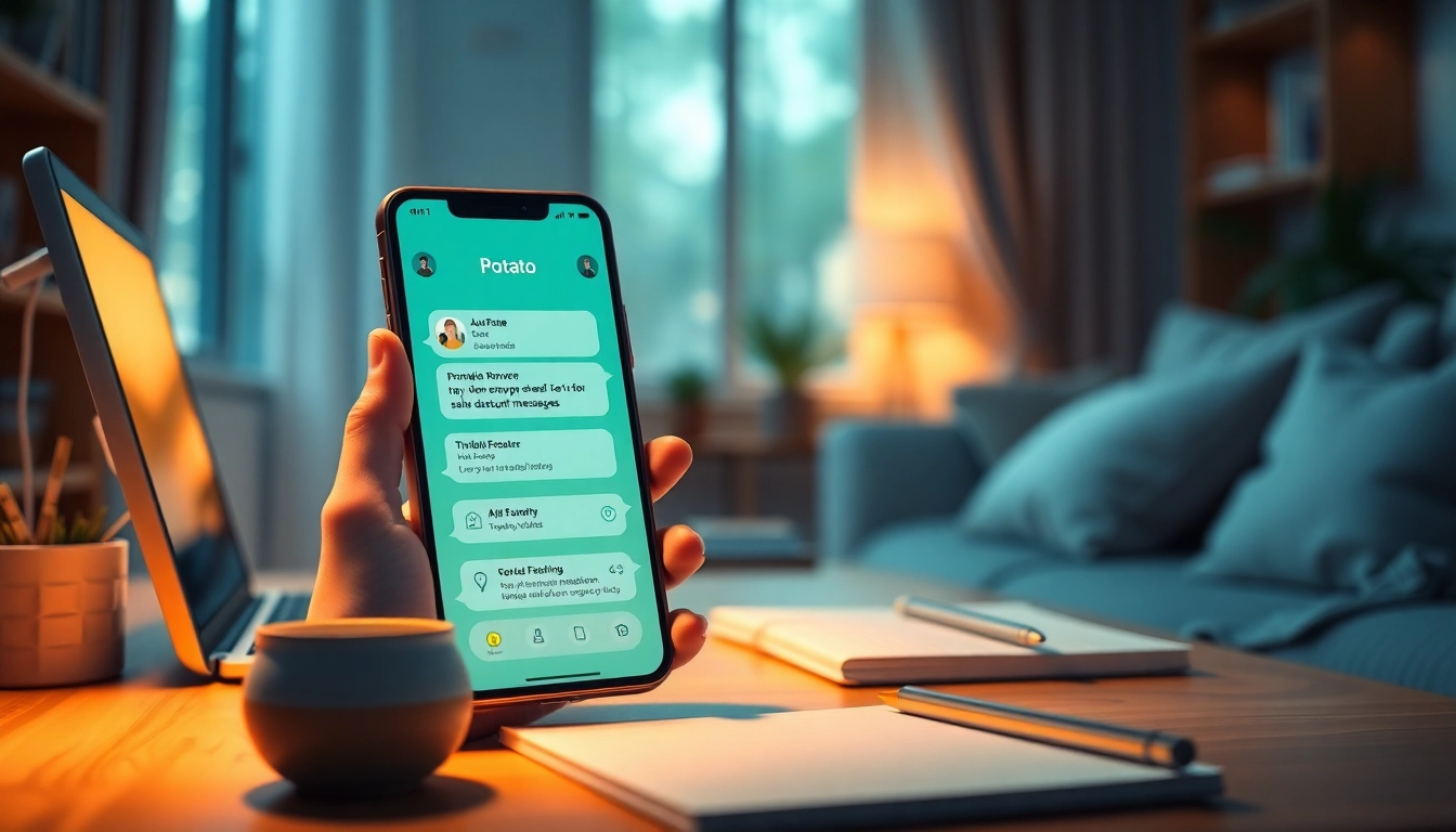 Potato下载 interface displayed on a smartphone in a cozy home setting, emphasizing security and privacy.