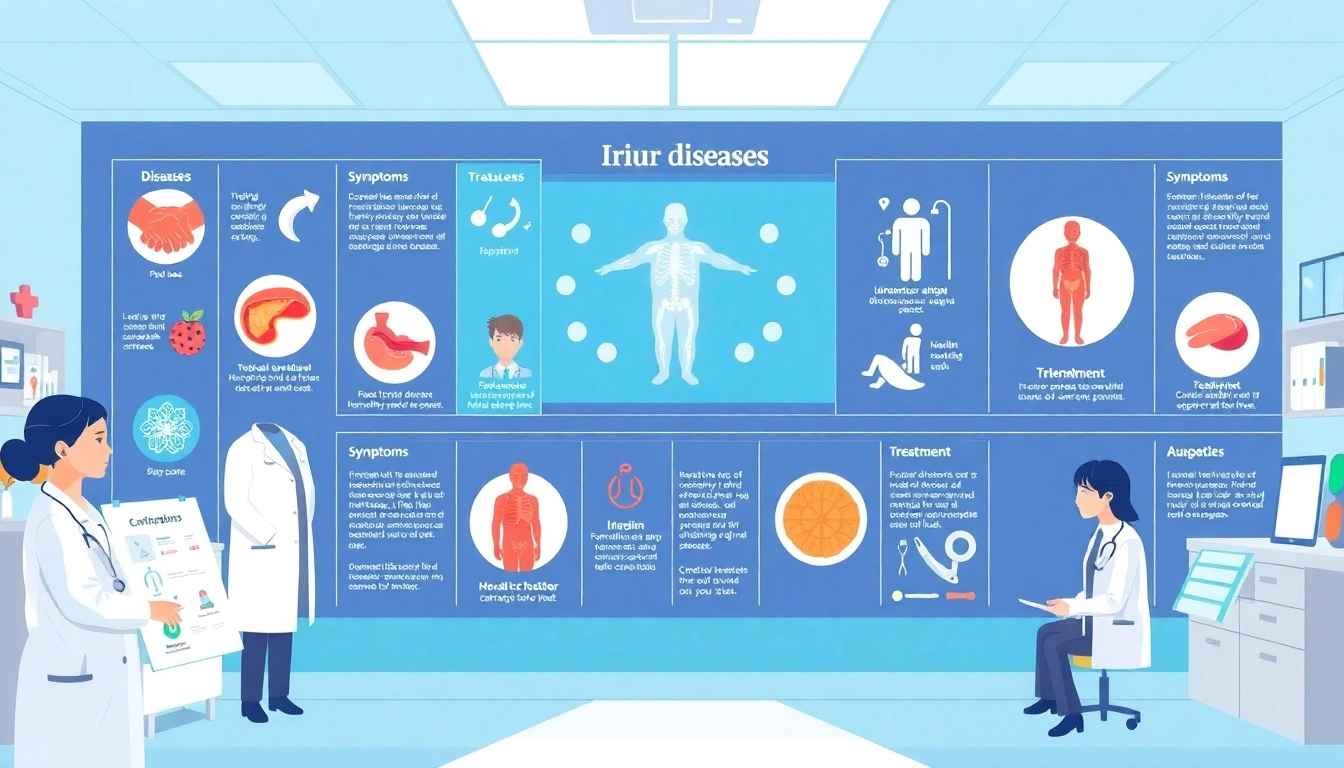 Krankheiten Informationen über verschiedene Symptome und Behandlungen in einem medizinischen Infografik.