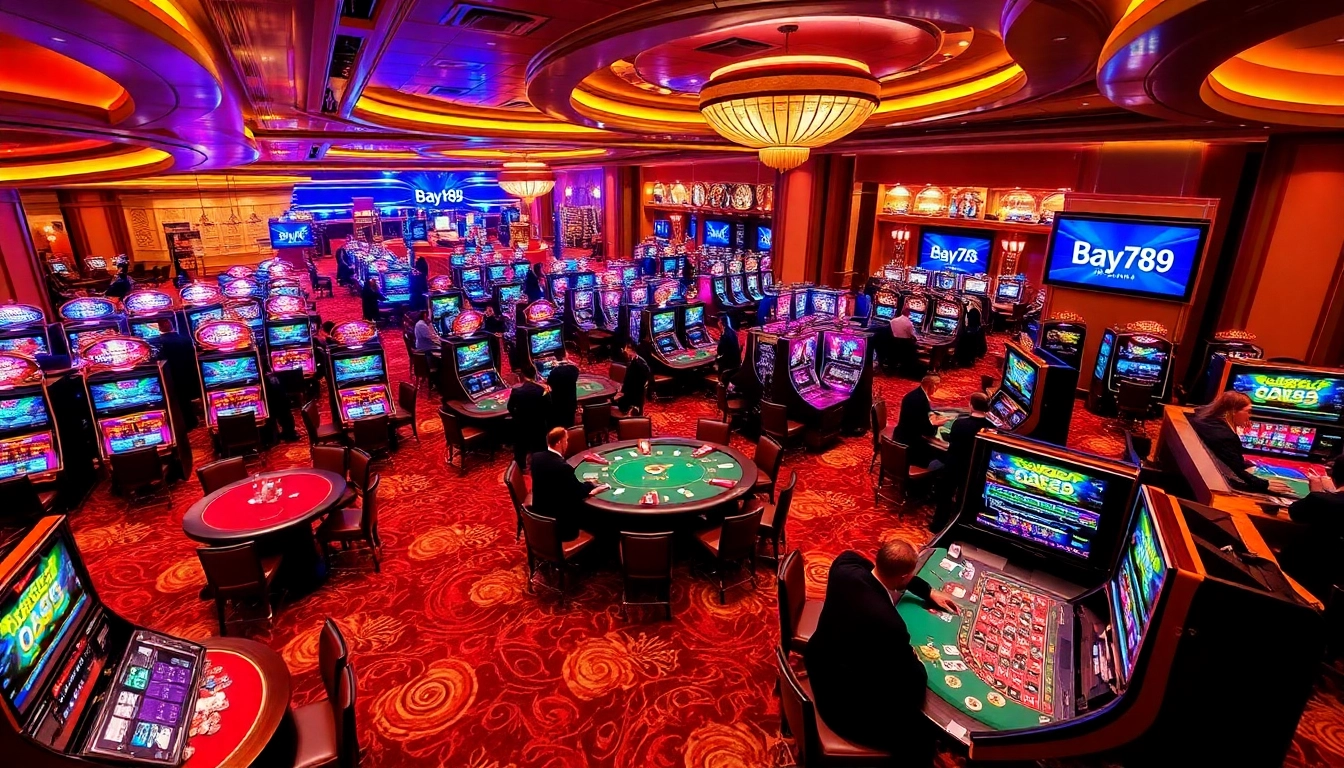 Excited players engage at casino tables, showcasing Bay789 gaming experience and vibrant atmosphere.