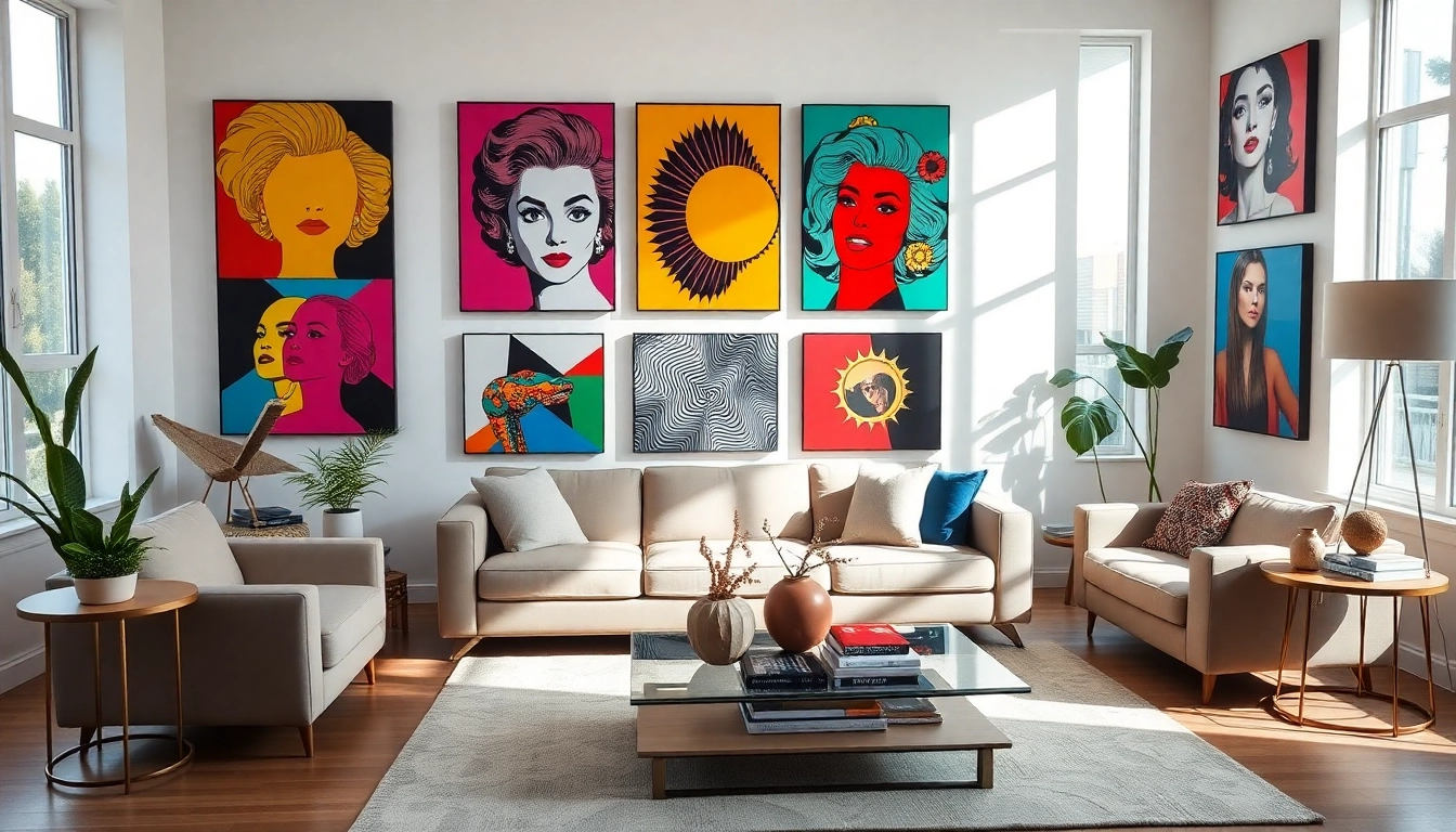 Atemberaubende Pop-Art-Bilder, die in einem schicken Wohnzimmer zu sehen sind und lebendige Farben sowie modernes Dekor zeigen.