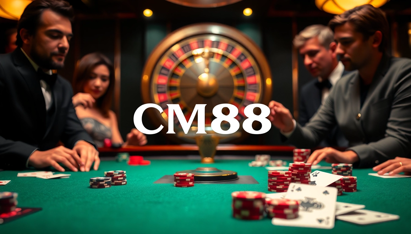 CM88 gaming table with roulette wheel and poker chips, showcasing a thrilling casino atmosphere.
