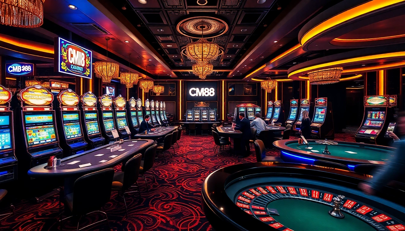 Exciting casino moment featuring CM88 branded poker chips and stunning gaming tables.