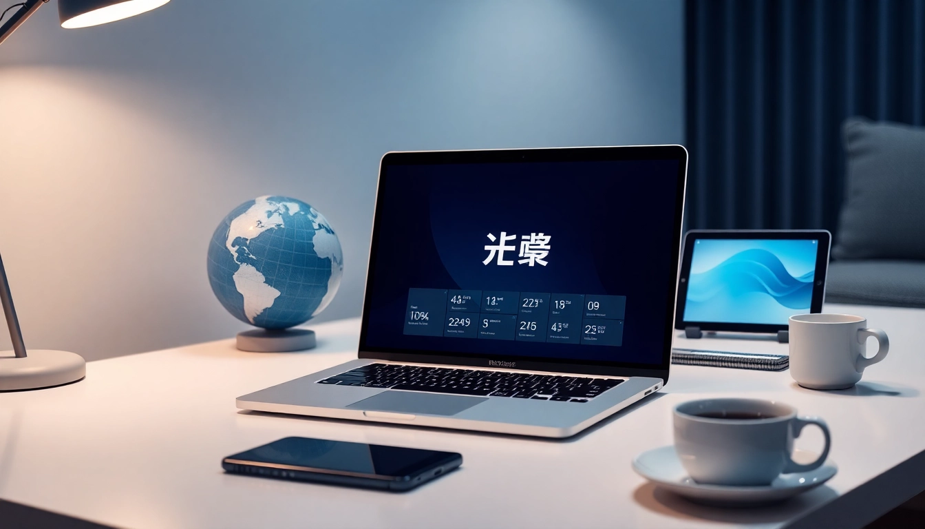 在现代笔记本电脑上显示的快连官网界面，位于时尚整洁的工作区。