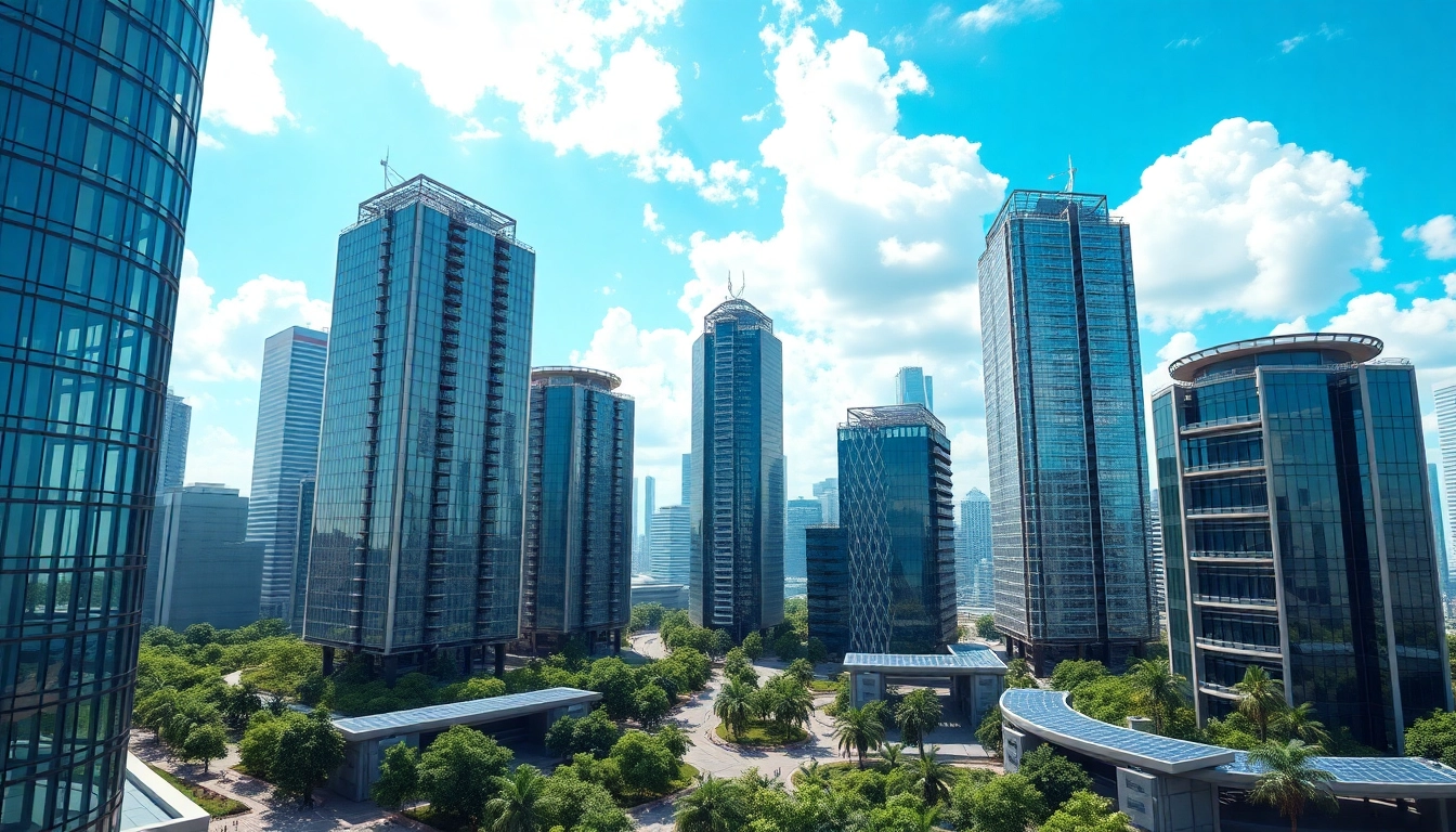 Architekturvisualisierung einer modernen Stadt mit futuristischen Gebäuden und nachhaltigen Elementen.