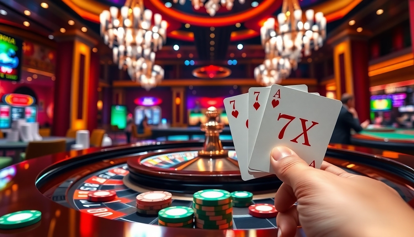 Winning poker hand at 777X casino with vibrant lights and excitement.