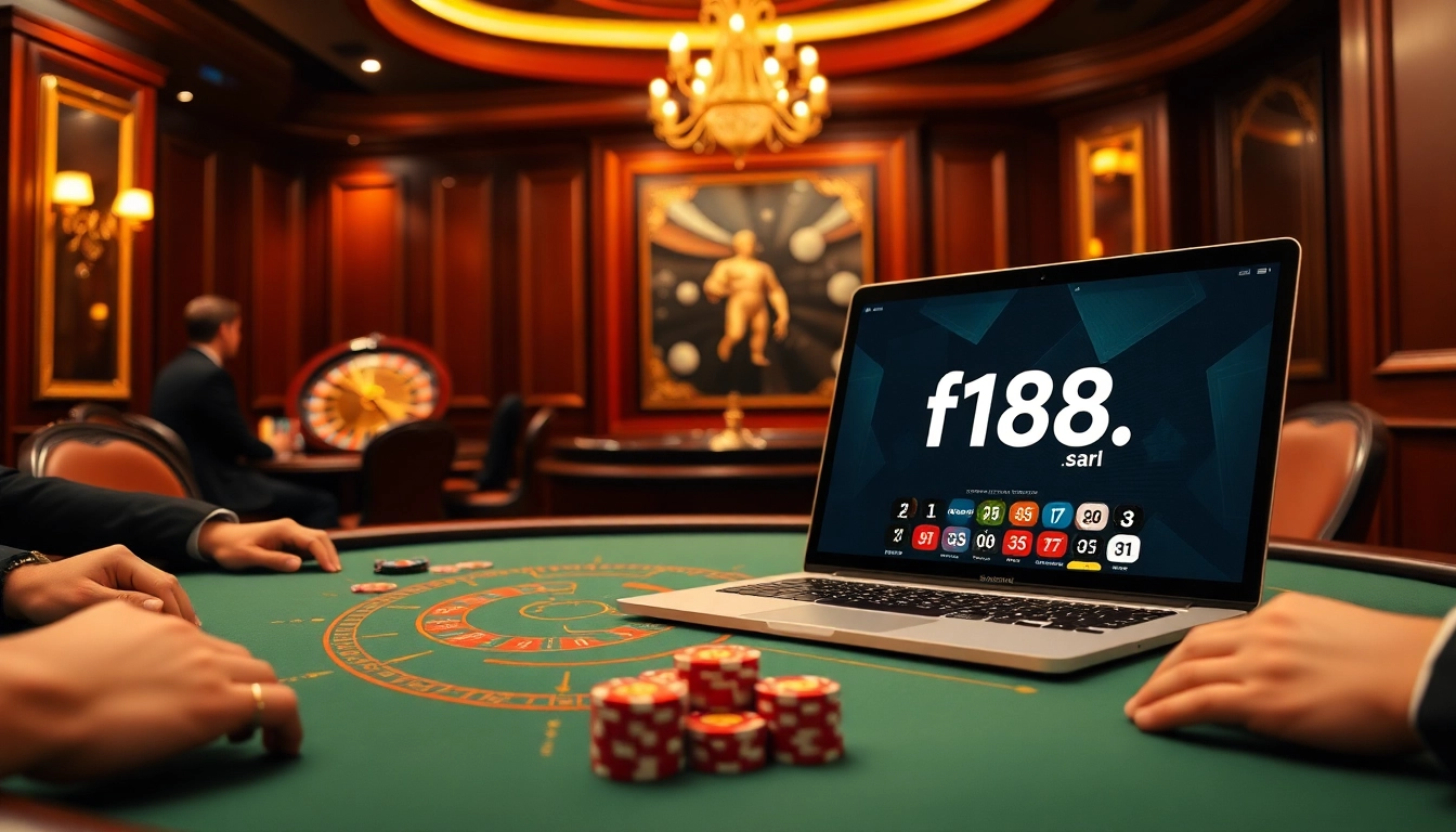 Players enjoy a thrilling poker game at F168, showcasing excitement and luxury in gambling.