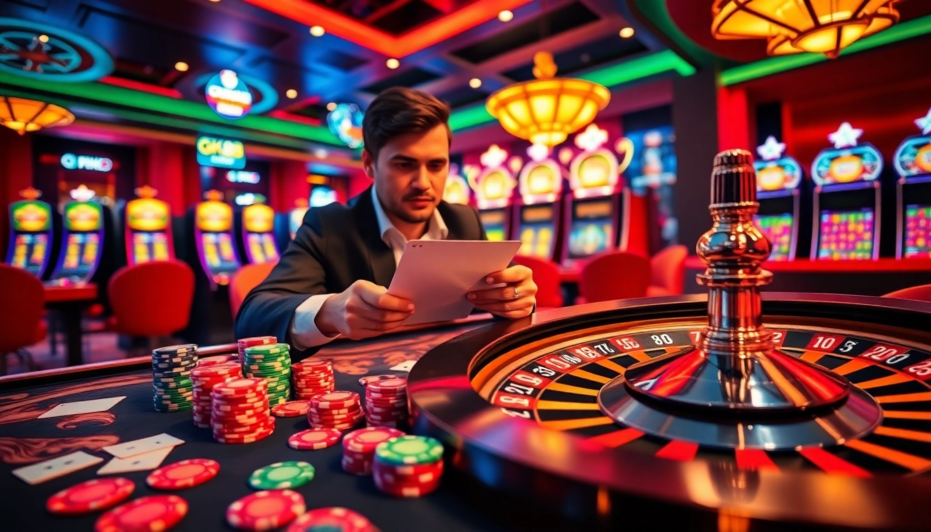 Experience the thrill of GK88's vibrant online casino with poker chips and roulette wheel.