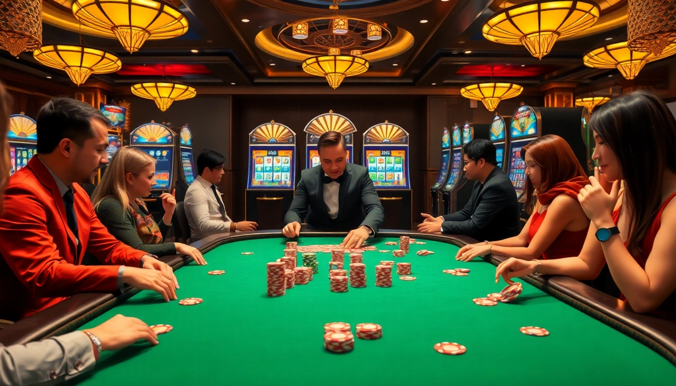 Exciting gambling scene featuring 13win asia's poker table and vibrant slot machines.