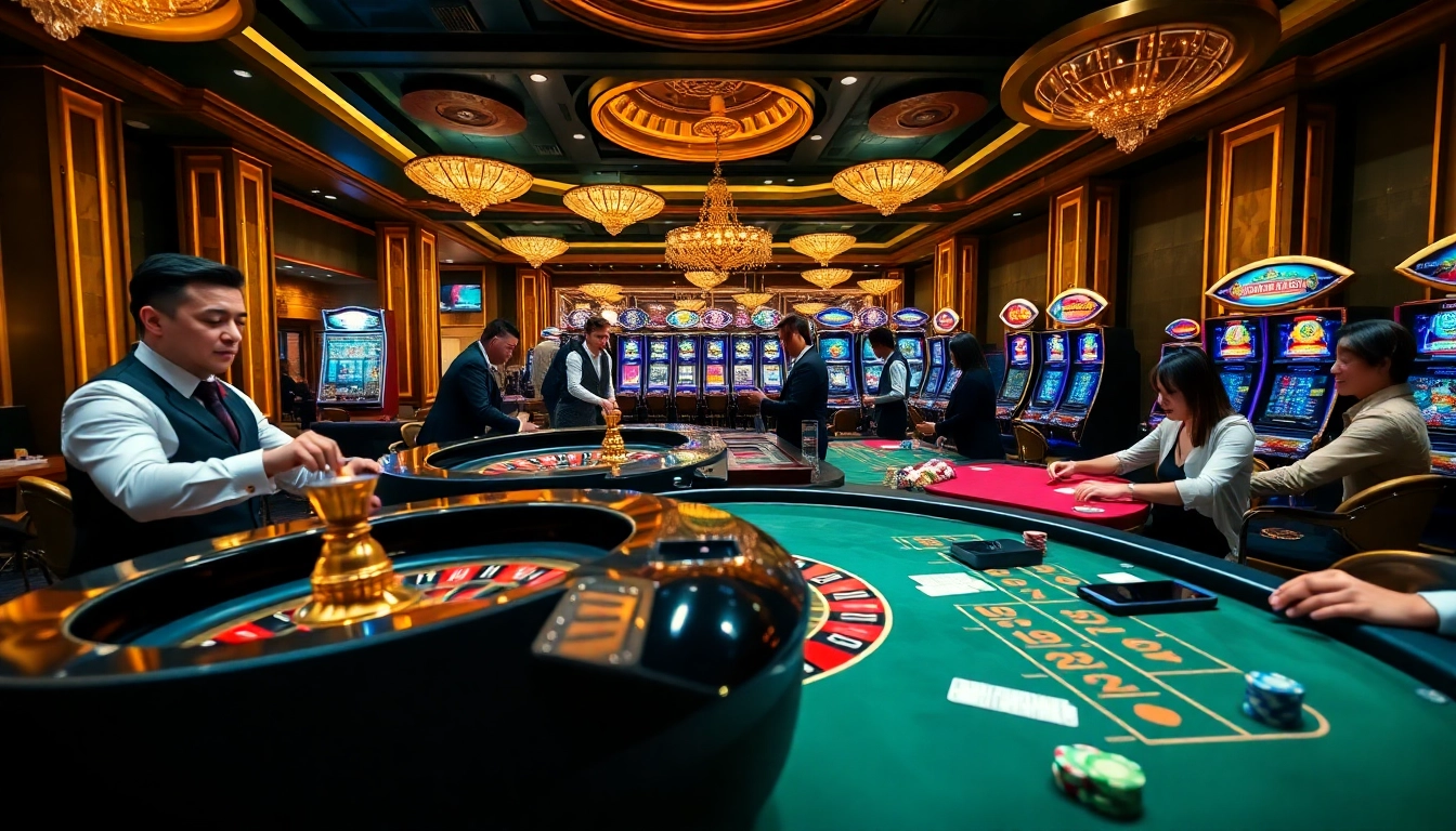 C168 casino scene featuring players betting at tables and vibrant slot machines
