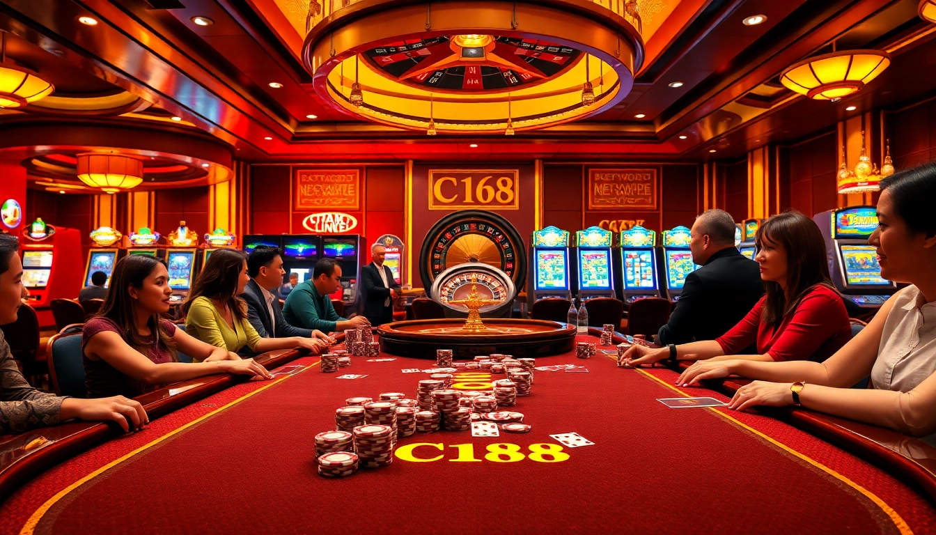 Players enjoying a lively poker game at C168 casino scene illuminated by bright lights.