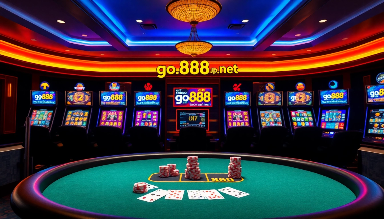 Exciting scene at go888.jp.net, showcasing a luxurious casino table with poker chips and vibrant slot machines.