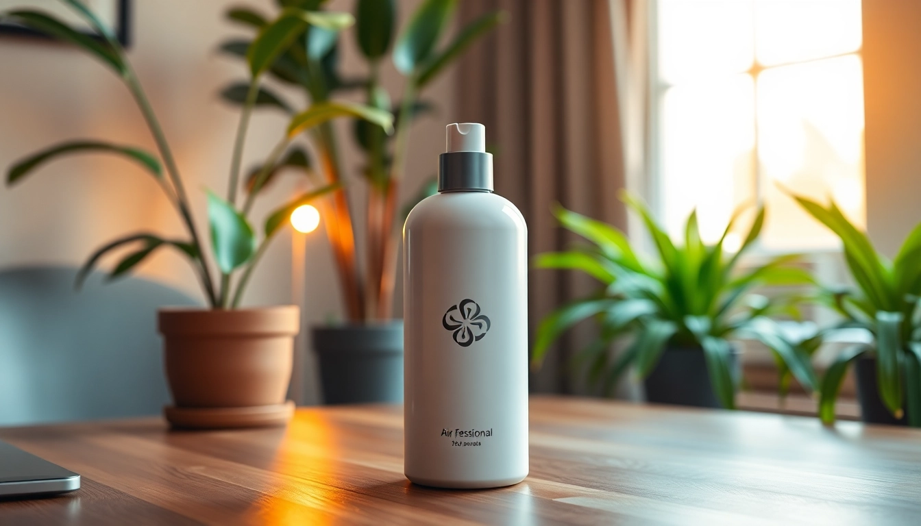 Duftbaum mit Logo auf einem stilvollen Schreibtisch, umgeben von Pflanzen.