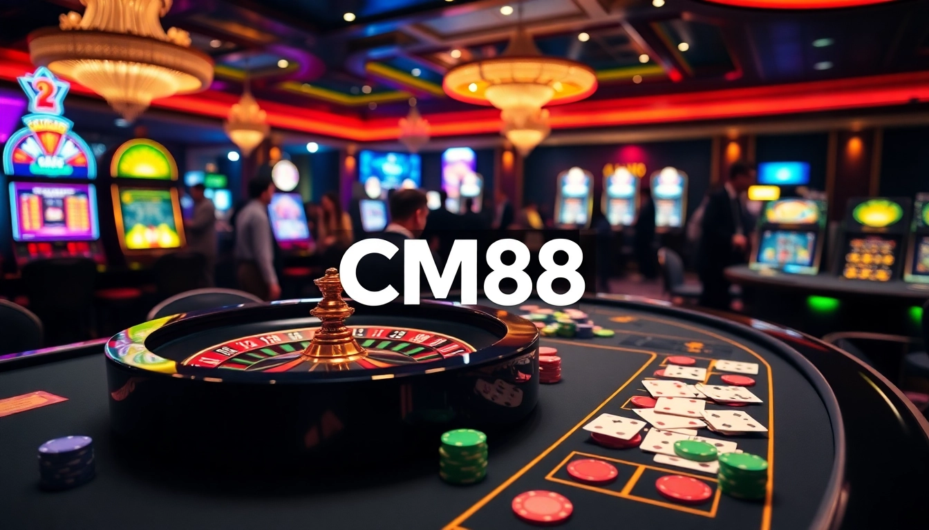 Dynamic gaming scene at CM88 casino, featuring colorful poker chips and vibrant roulette wheel.