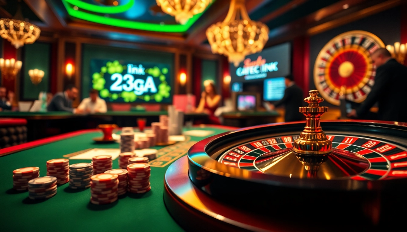 A dynamic casino scene showcasing a poker game with 123ga ink highlighting the luxury of gambling.