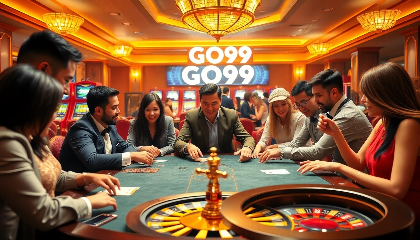 Players enjoying card games at GO99 casino, surrounded by vibrant slot machines and poker chips.