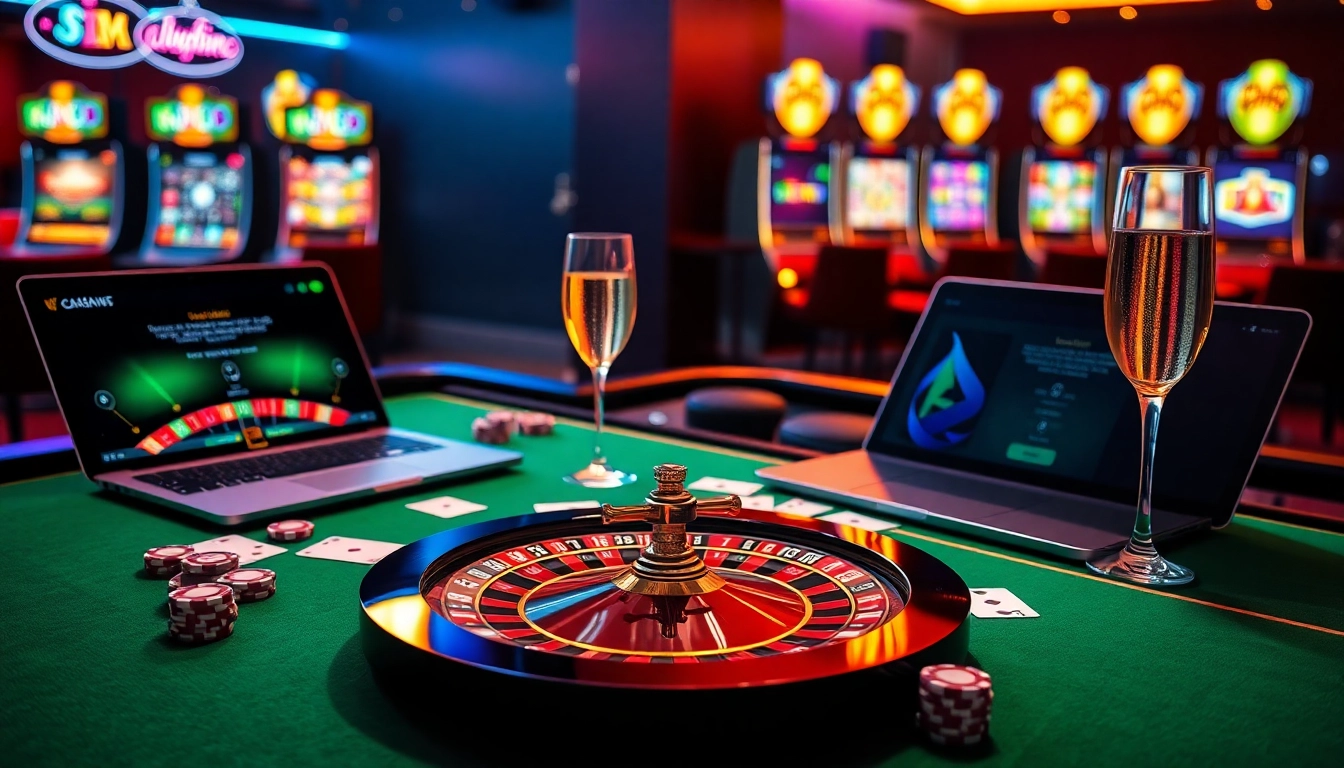 Scenă captivantă de Casino online Germania featured fichițe de poker, cărți și mese elegante de casino.