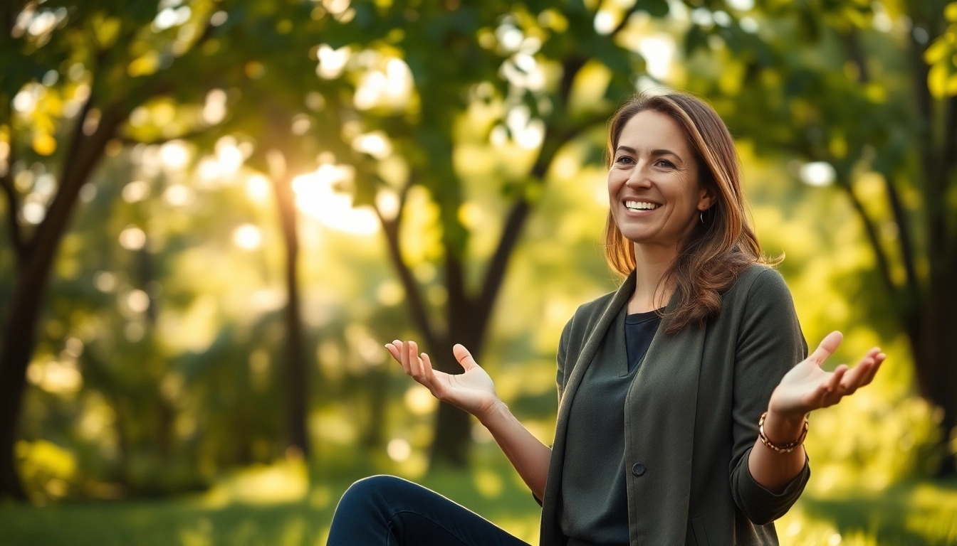 Promoting emotional wellbeing through a wellness coach's guidance in a tranquil outdoor environment.
