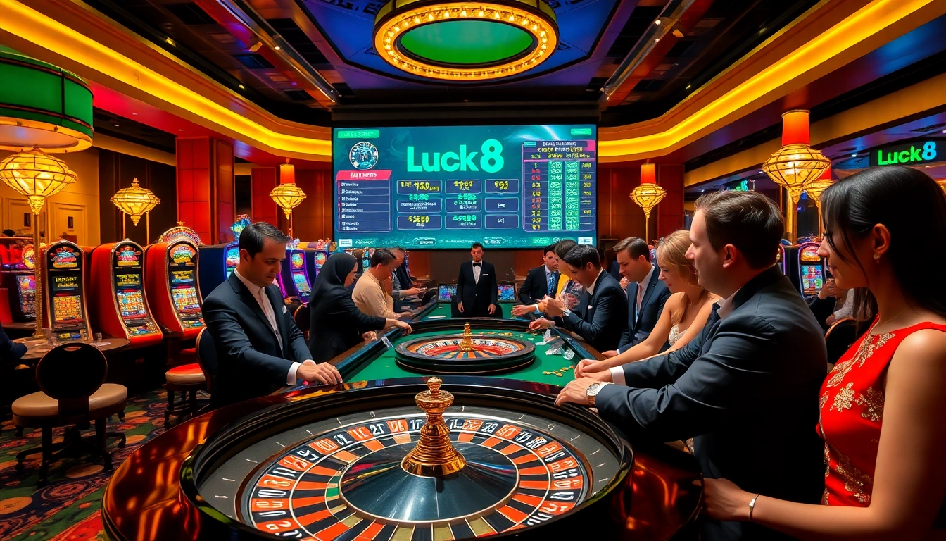Luck8 casino players placing bets at a luxurious roulette table, showcasing excitement and luxury.