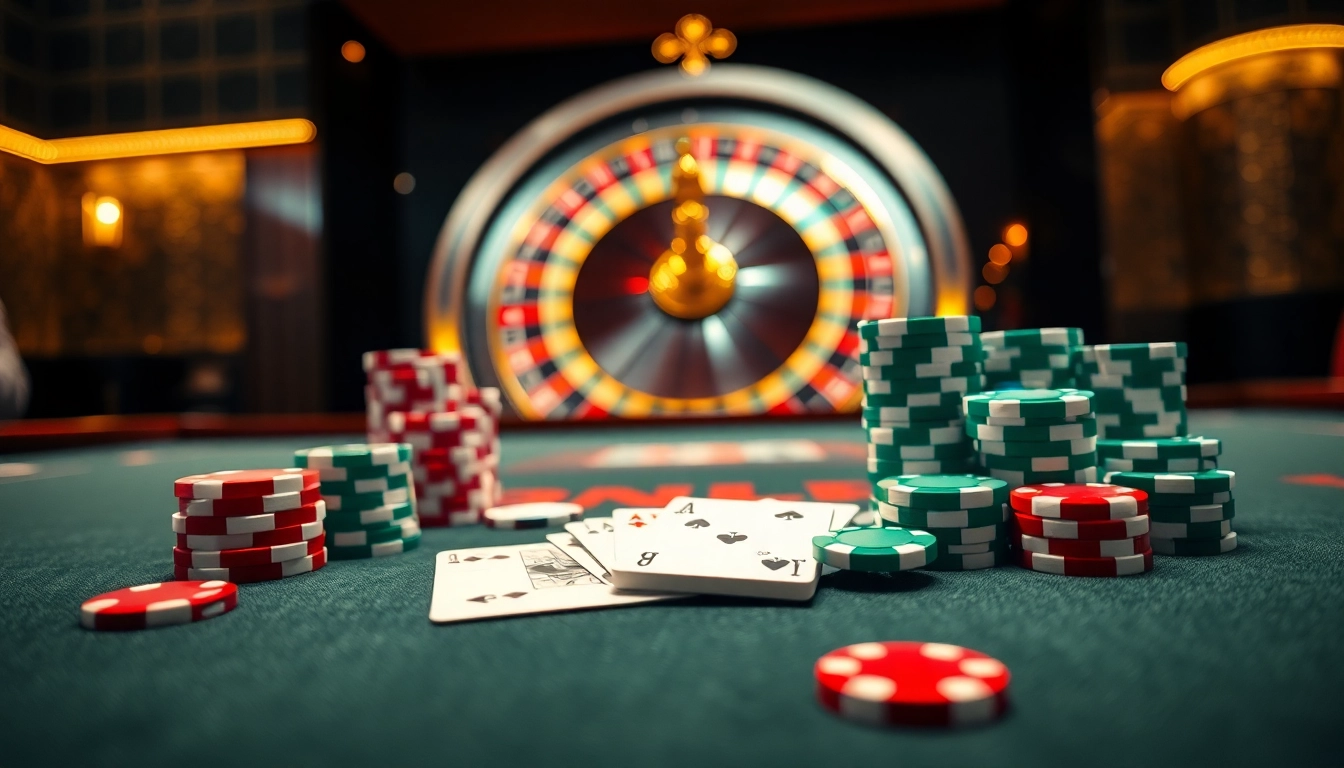 Engaged gamblers at a luxurious casino table themed around 33win, featuring cards, dice, and poker chips.