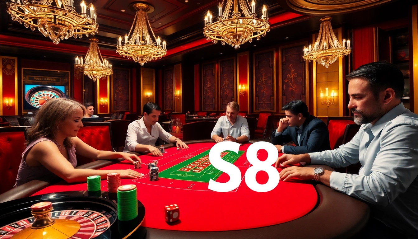 Experience thrilling gameplay at S8's high-stakes poker table in an elegant casino setting.