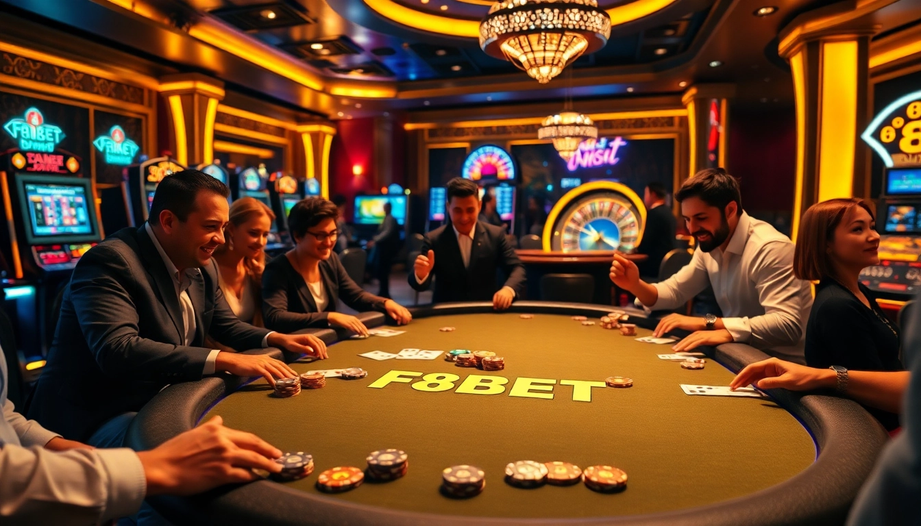 F8BET players enjoying an exciting poker game with vibrant casino lights and atmosphere.