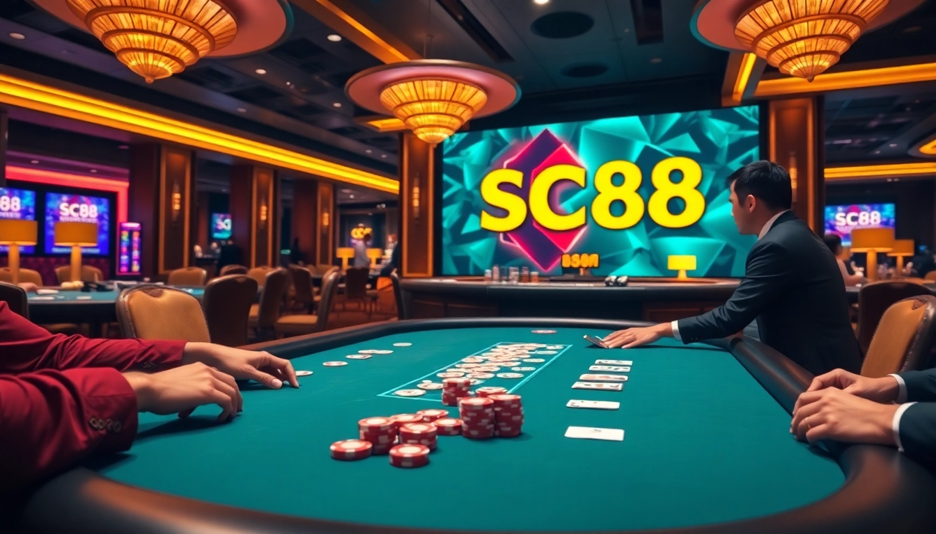 Experience luxury gaming at SC88 with vibrant poker tables and energetic players.