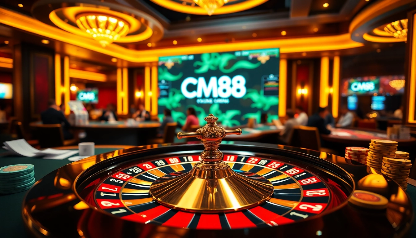 Experience thrilling casino action with CM88 in this vibrant gambling scene featuring roulette and poker.